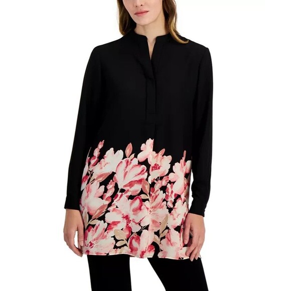 Anne Klein Women's Floral-Hem Popover Tunic Blouse, Anne Black Camellia, Multi M - Picture 1 of 3
